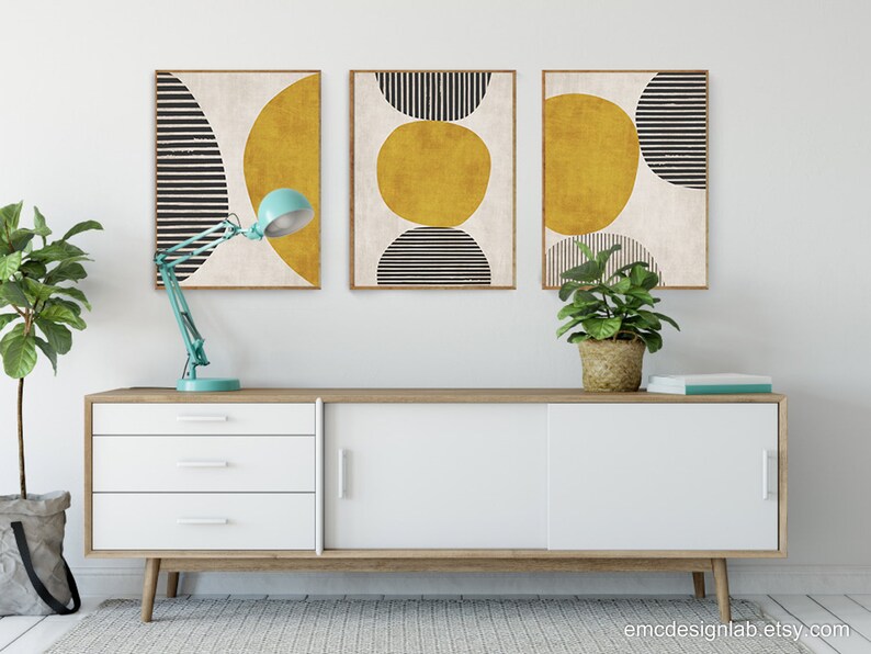 Senapsgula cirkelsvarta djärva linjer konstverk modern konsttryck rik textur vardagsrumsväggkonst, djärva minimalistiska konsttryck bild 10