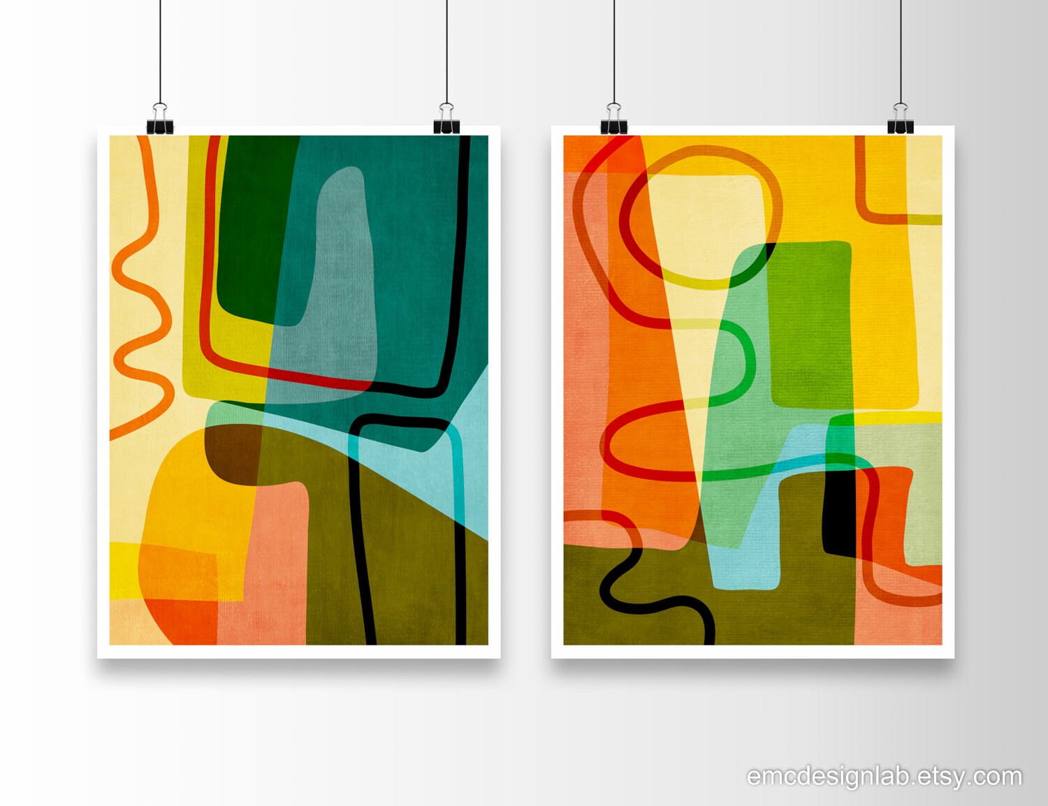 Bright Vibrant Modern Colorful Art Set of 2 Prints Abstract
