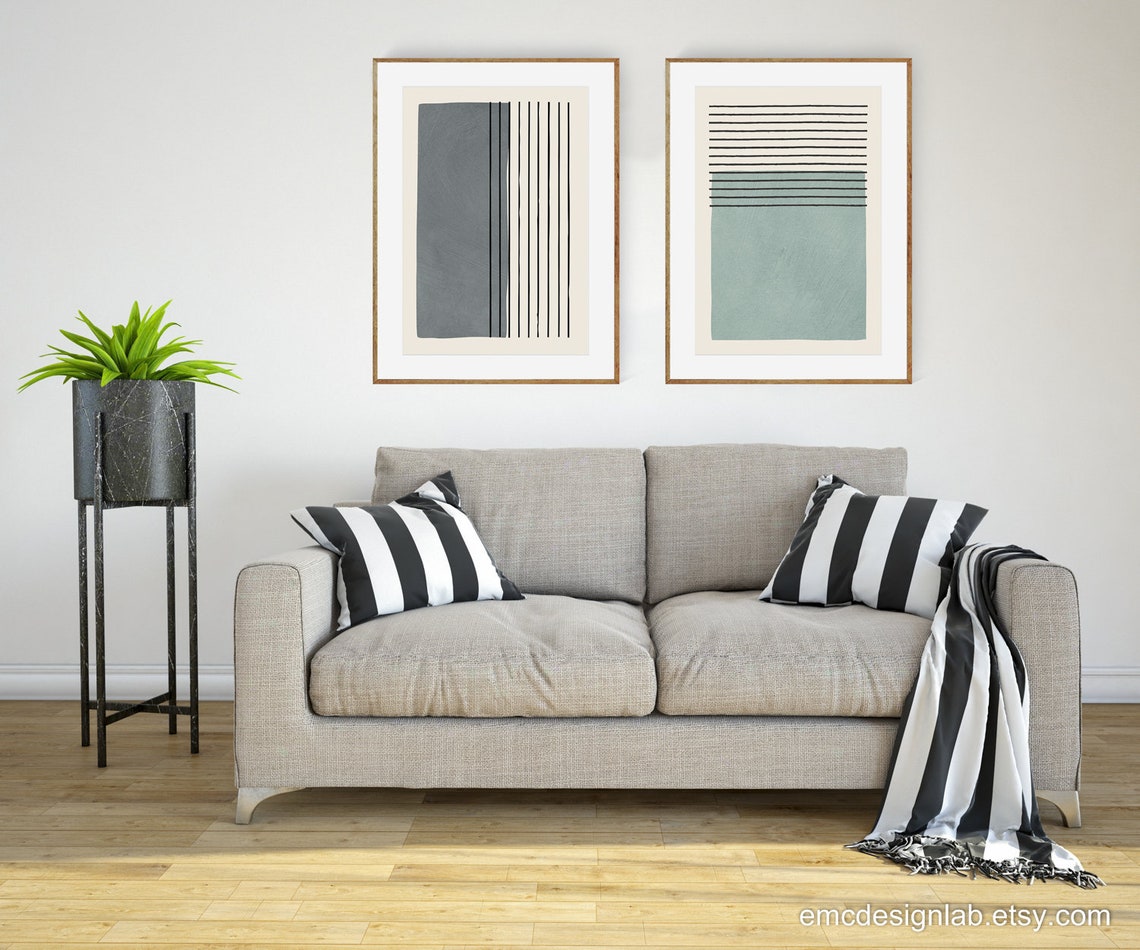 Set of 2 Gray & Light Blue/green Wall Art Original Minimalist - Etsy