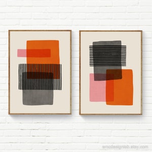 Set of 2 Mid-Century Wall Art Orange Gray Pink Black, Bold Modern Wall Art Set of 2, Mid-Century Prints, Mid Century Set