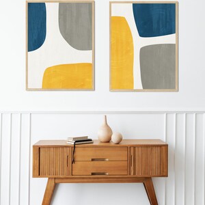 Yellow & Blue Abstract Wall Art Set 2 Prints / Gray Navy Mustard ...