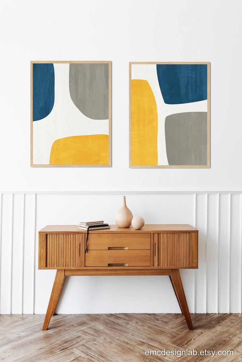 Yellow & Blue Abstract Wall Art Set 2 Prints / Gray Navy Mustard ...