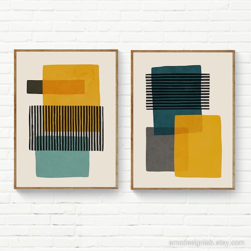 Set of 2 Teal Mustard Gray Wall Art Original Organic Shapes Etsy