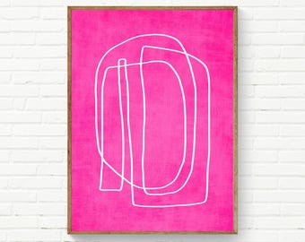Hot Pink White Line Art Modern Print / Abstract Bright Magenta Vibrant Wall Art