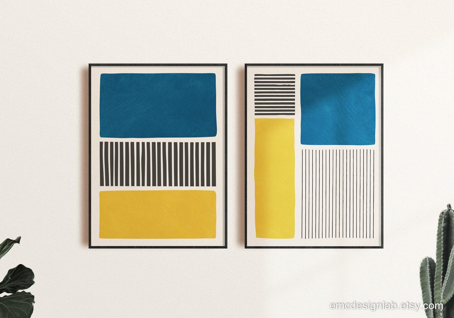 Yellow & Blue Set of 2 Prints, Original Color Block Bold Black Lines ...