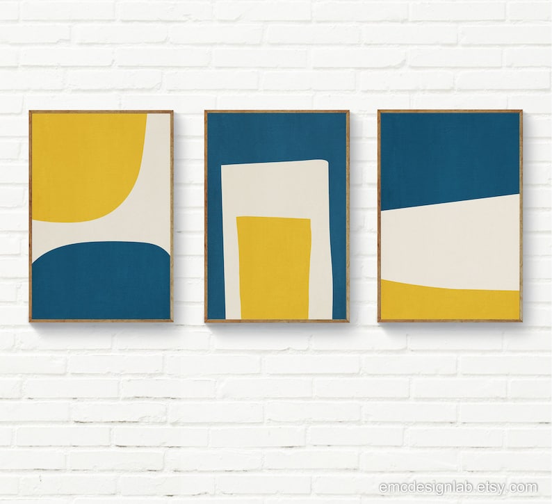Navy & Mustard Wall Art Blue and Yellow Print Minimalist Etsy