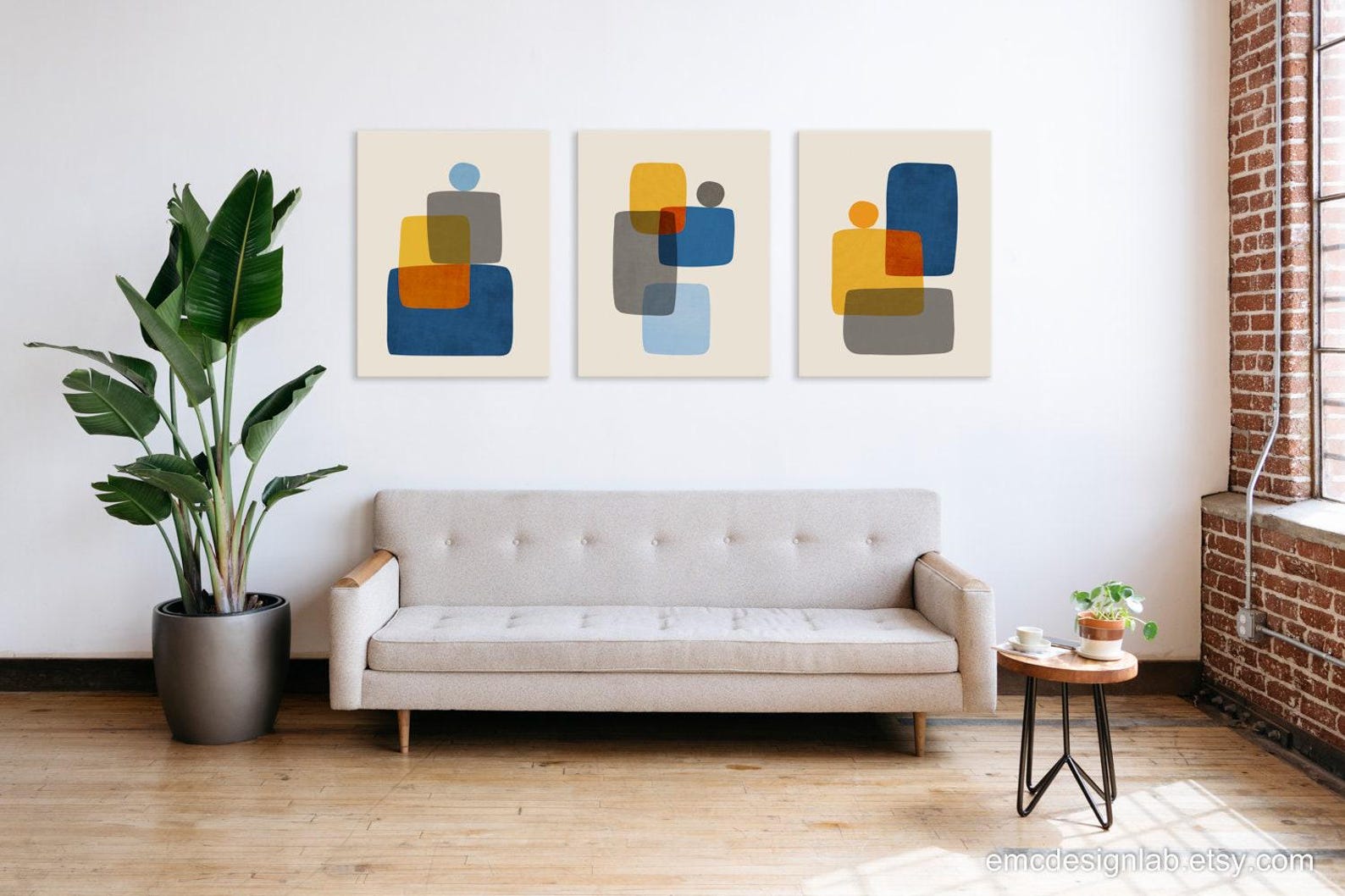 Set of 3 Abstract Modern Wall Art, Indigo Blue Mustard Yellow Gray ...
