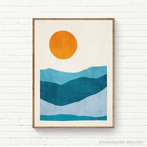 Simple Minimalist Abstract Landscape Art Print Orange Sun Classy Minimalist Wall Art Print Blue Mountains Artwork Bedroom Living Office