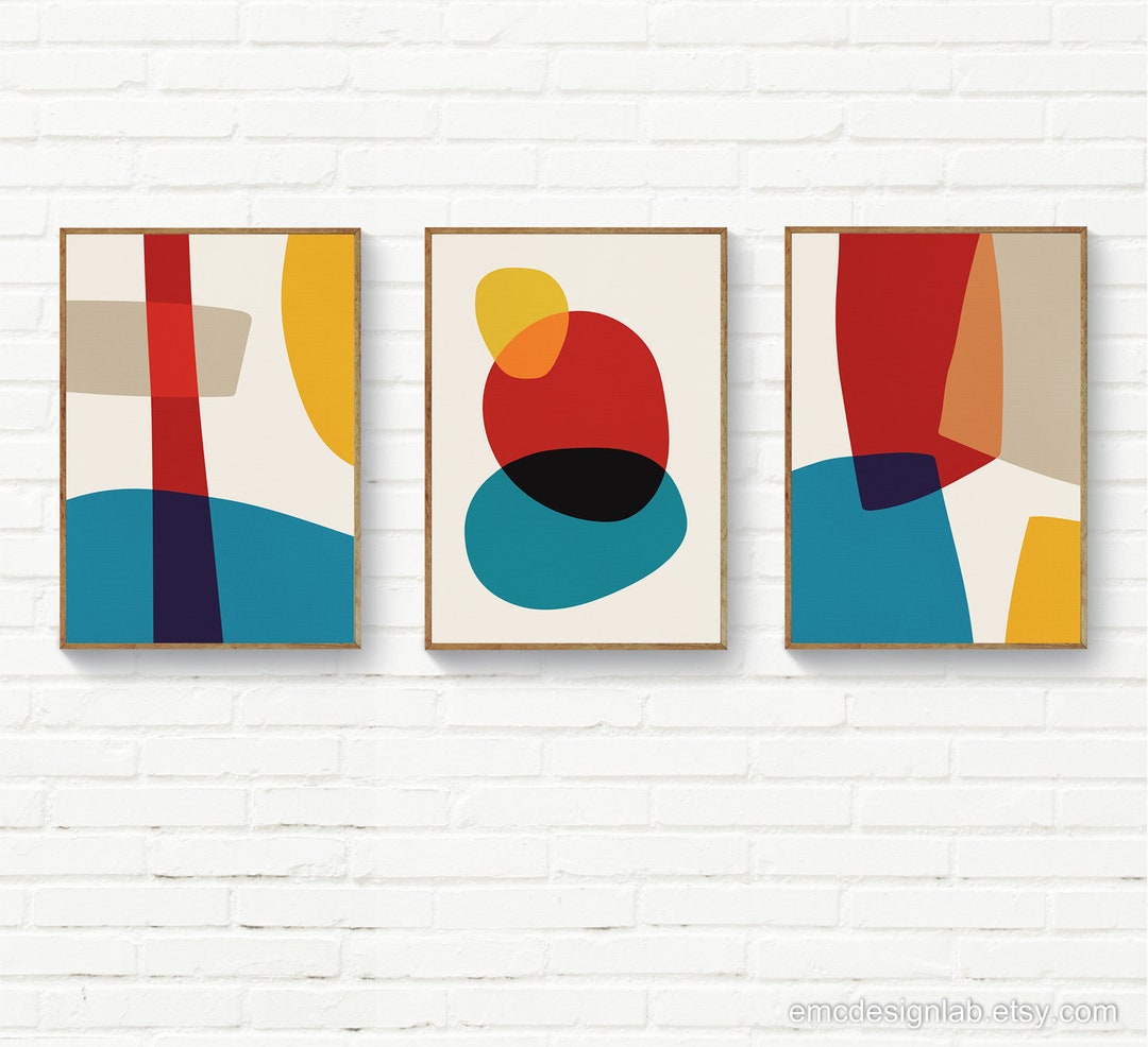 Original Wall Art, Red Yellow Blue Beige Set of 3 Prints, Organic ...