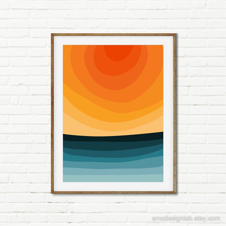 Bright Colors Abstract Minimalist Sunset Landscape, Minimal Vibrant Colors Wall Art, Orange Teal Red Blue Yellow image 5