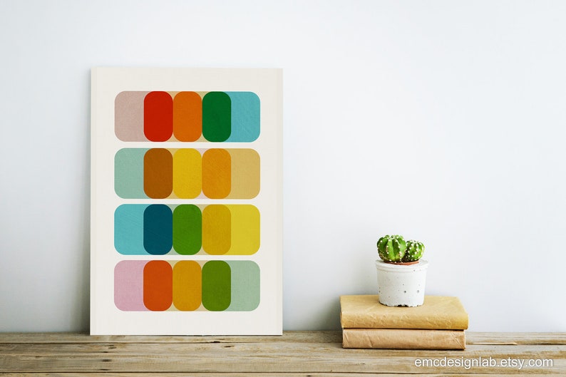Abstract Mid Century Print Minimalist Modern Wall Art Abstract Geometric Artwork, Blue Red Orange Yellow Print image 4