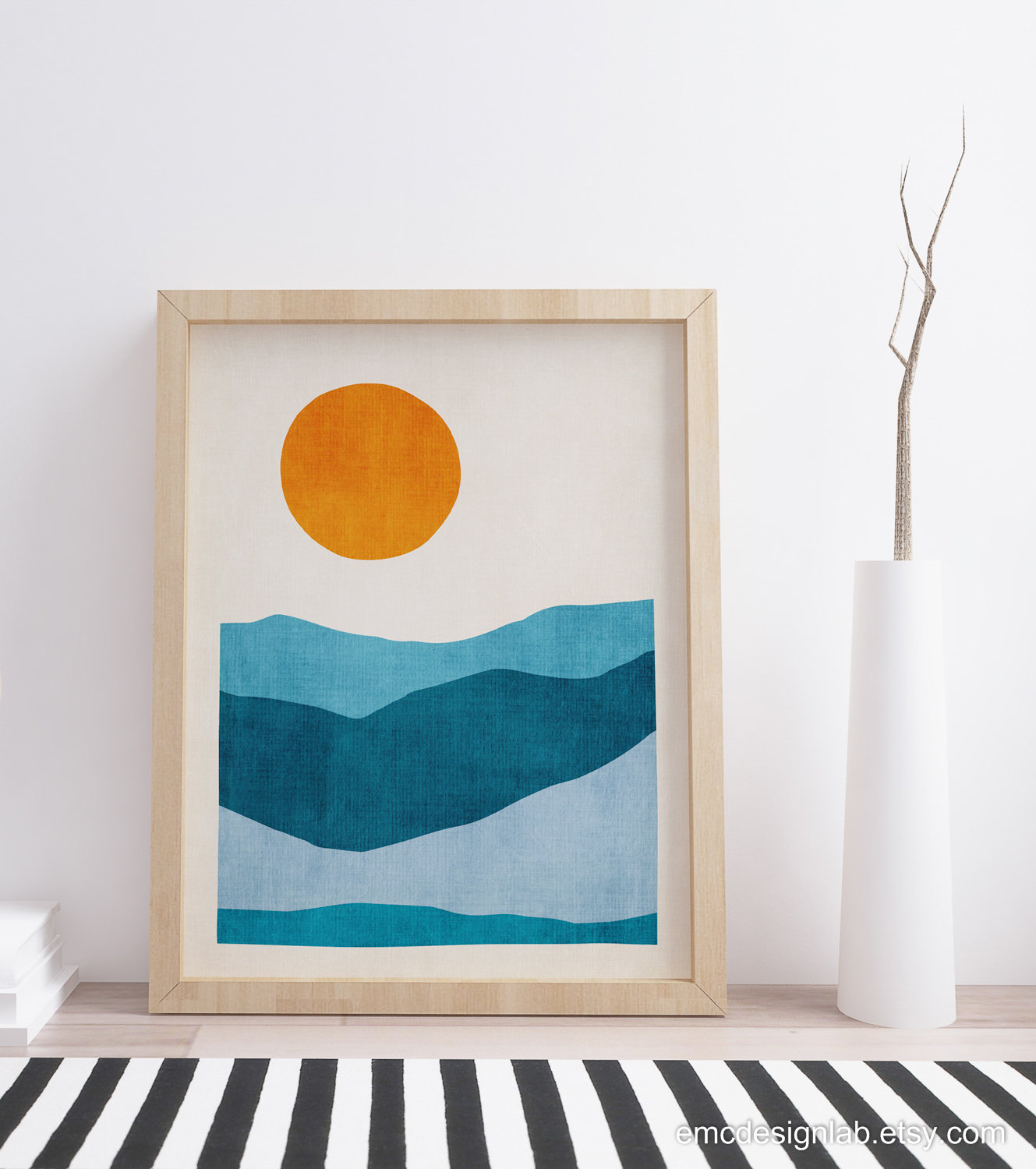 シンプルなミニマリストの抽象風景画プリント オレンジ色の太陽 上品な