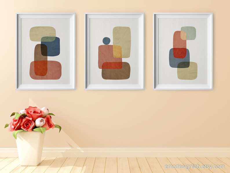 Mid Century Modern Set of 3 Wall Art Abstract Shapes Beige - Etsy
