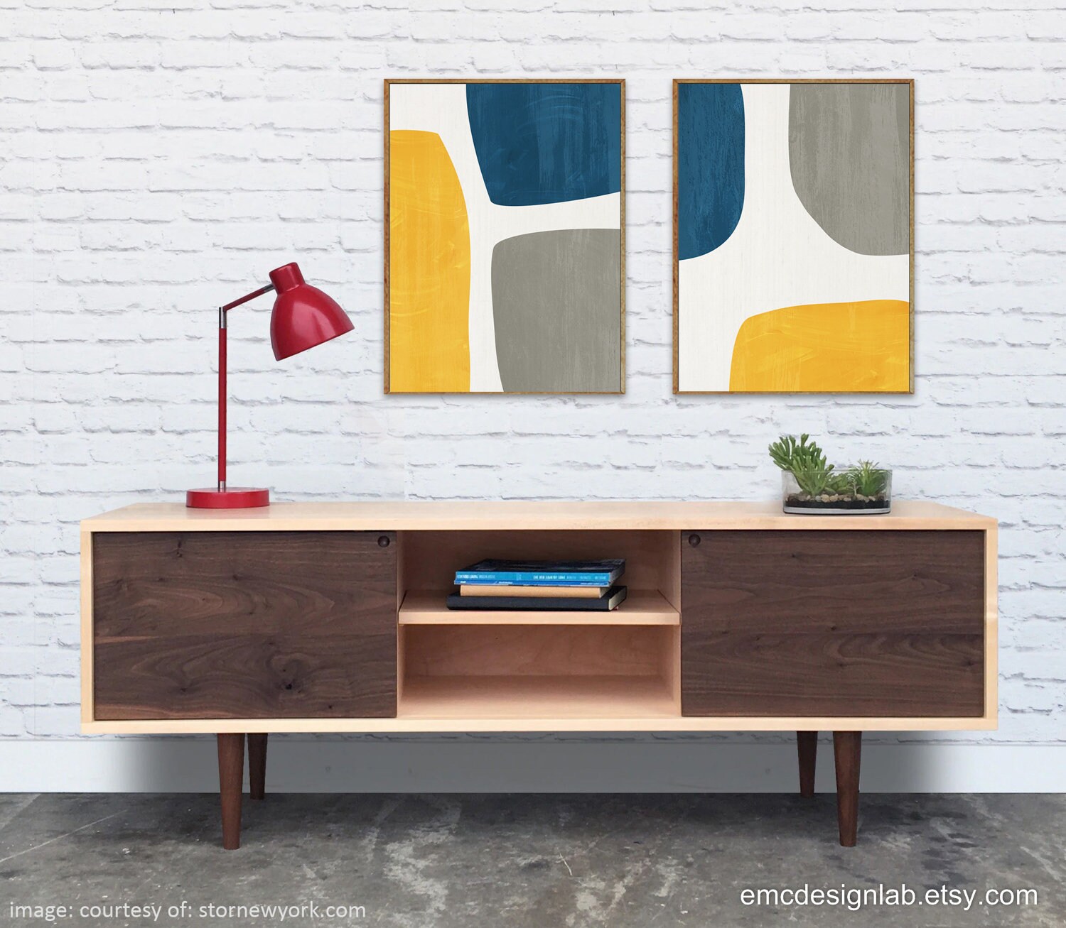 Yellow & Blue Abstract Wall Art Set 2 Prints / Gray Navy Mustard ...
