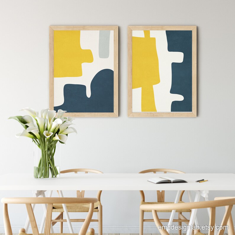 Blue & Yellow Abstract Modern Art Set of 2 Prints Simple - Etsy