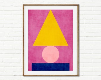 Geometric Abstract Composition Art Print, Yellow Navy Pink Wall Art, Original Modern Prints for Living Room, Digital Painting Graphic Design