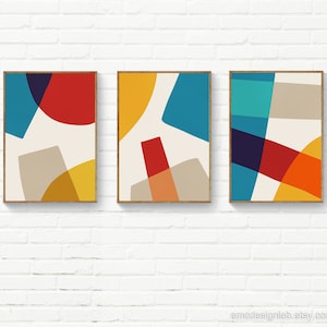 Set of 3 Abstract Contemporary Art, Beige Red Blue Yellow Original Print Set, Large Size 24x36 Abstract Set