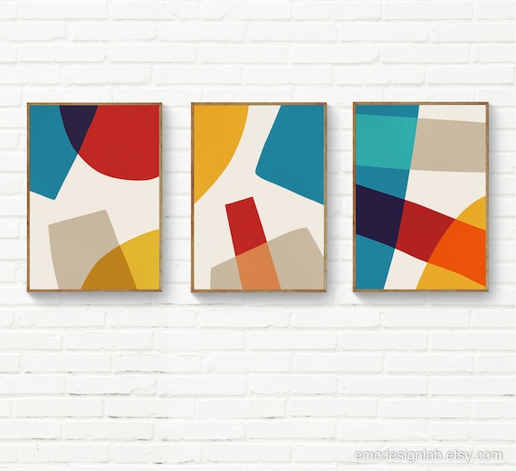 Set of 3 Abstract Contemporary Art Beige Red Blue Yellow Original