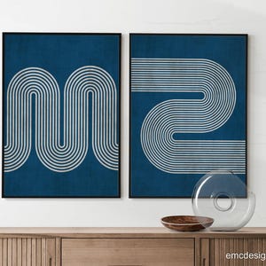 Imprimé lignes rétro minimalistes bleu marine et beige, art mural minimalisme moderne, art mural beige bleu marine image 10