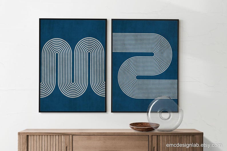 Imprimé lignes rétro minimalistes bleu marine et beige, art mural minimalisme moderne, art mural beige bleu marine image 10