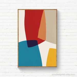 Abstract Organic Shapes Print, Blue Red Mustard Beige Original Wall Art, Mid-Century Modern, Contemporary Art Poster