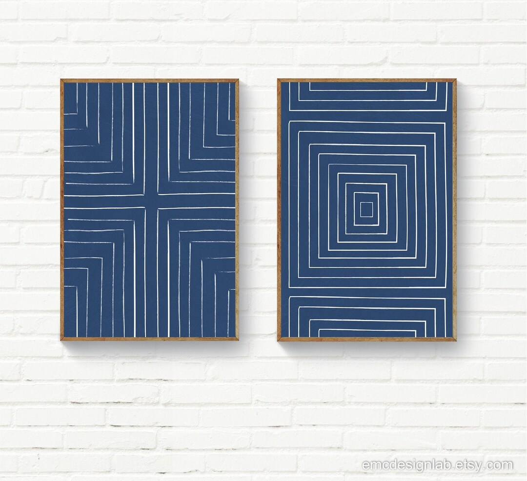 Blue & White Set of 2 Prints / Original Abstract Geometrical Lines ...