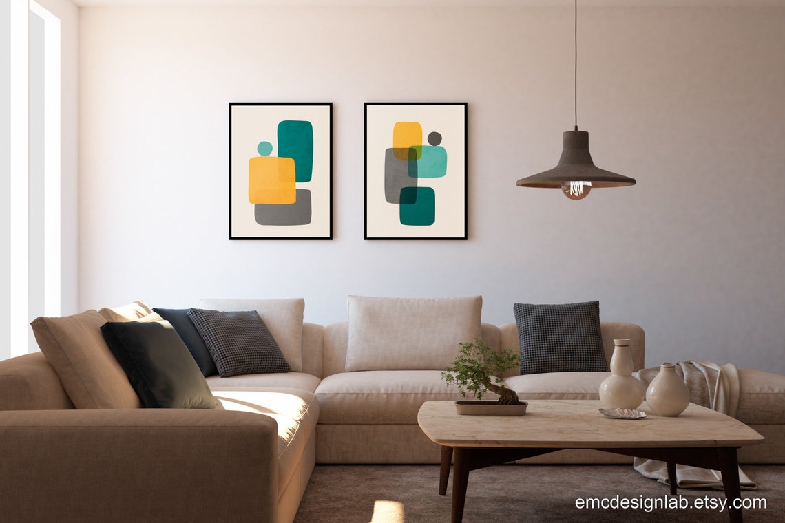 Set of 2 Teal Mustard Gray Wall Art Original Organic Shapes Etsy