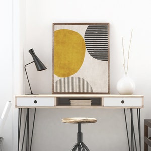 Senapsgula cirkelsvarta djärva linjer konstverk modern konsttryck rik textur vardagsrumsväggkonst, djärva minimalistiska konsttryck bild 3