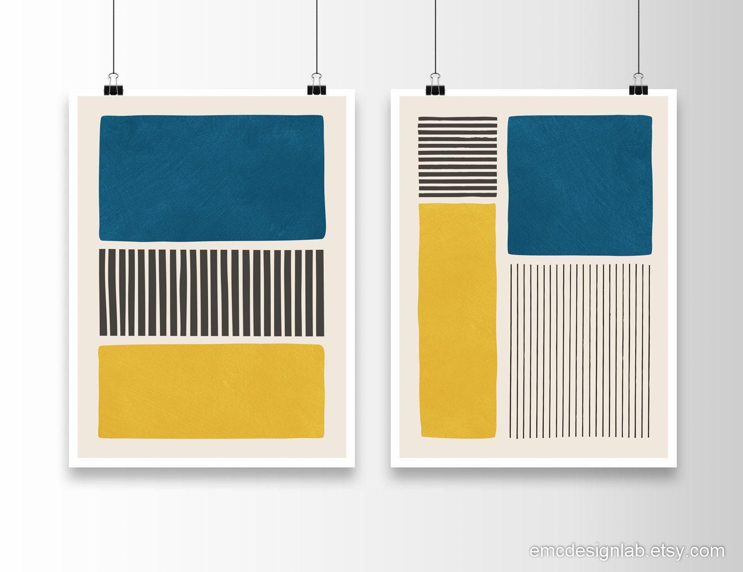 Yellow & Blue Set of 2 Prints, Original Color Block Bold Black Lines ...