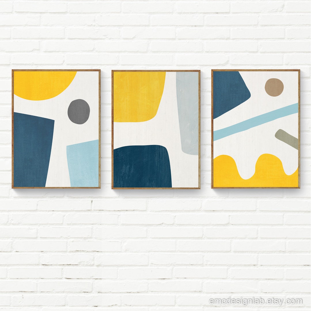 Set of 3 Blue Yellow Gray Wall Art, Set of 3 Original Prints, Bright ...