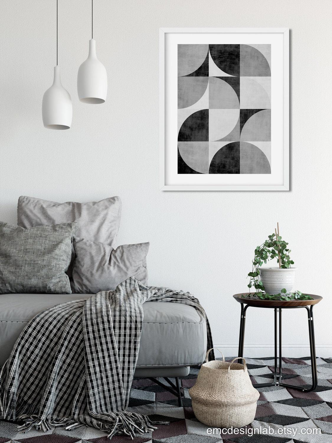 Minimalist Black White Print, Living Room Geometric Original Wall Art ...