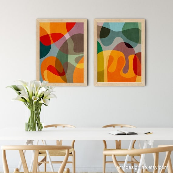 Abstract Colorful Modern Set of 2 Prints, Mid-century Modern Wall