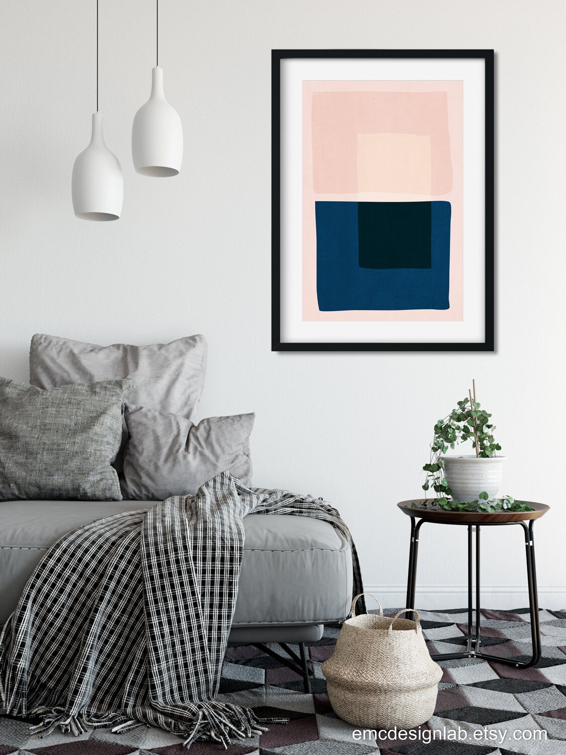 Pink & Navy Wall Art Original Print Blush Blue Midcentury Etsy