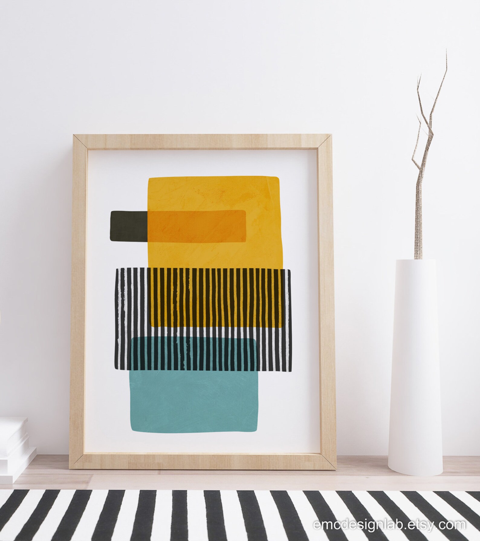 Abstract Teal Gray and Yellow Wall Art Black White Stripes Etsy