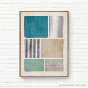 Teal Beige Black Lines Abstract Wall Art, Vertical Black Lines Blue Green, Vintage Modern Wall Art, Blue Green Posters