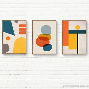 Obra de arte abstracta geométrica, impresión estilo Bauhaus, arte mural de mediados de siglo en tonos naranja, amarillo y verde azulado. imagen 8