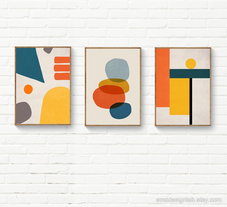 Obra de arte abstracta geométrica, impresión estilo Bauhaus, arte mural de mediados de siglo en tonos naranja, amarillo y verde azulado. imagen 8