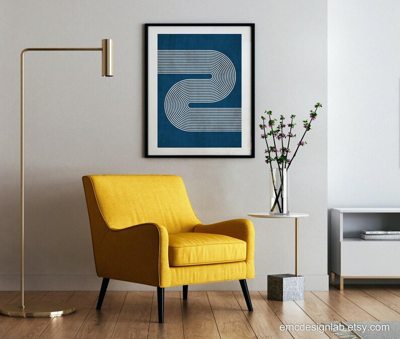 Imprimé lignes rétro minimalistes bleu marine et beige, art mural minimalisme moderne, art mural beige bleu marine image 3