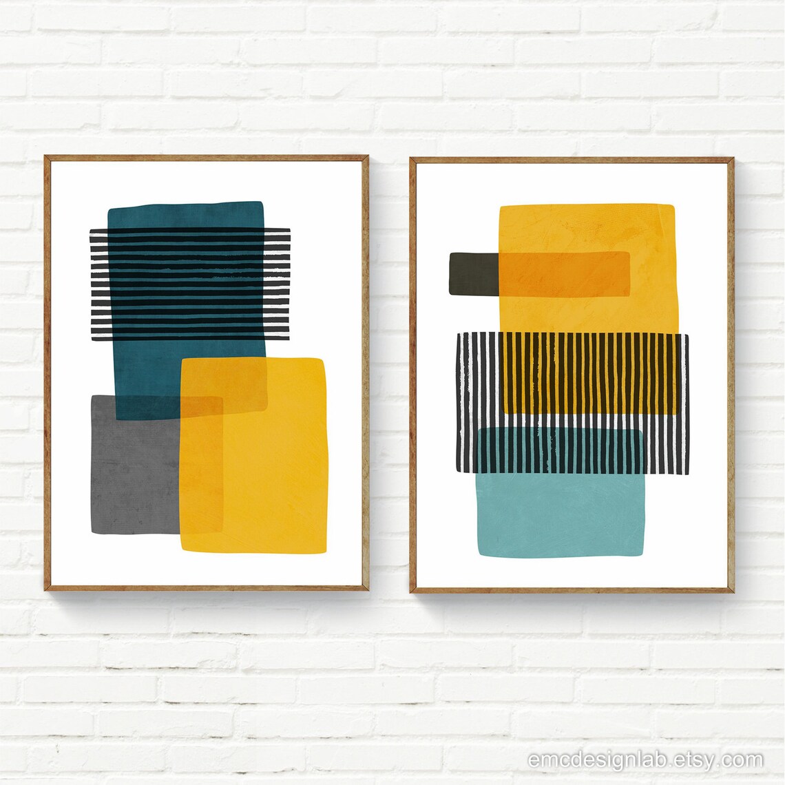 Abstract Teal Gray and Yellow Wall Art Black White Stripes Etsy