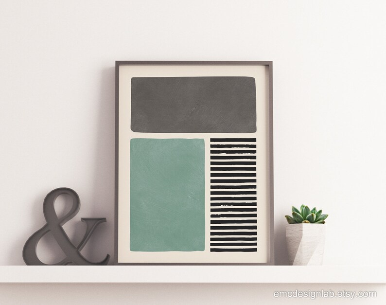 Blue Green & Gray Print Bold Wall Art Black Lines Prints | Etsy