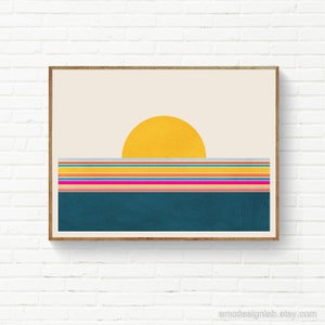 Minimal Modern Seascape Landscape, Horizontal Mid-Century Colorful Sunset Wall Art, Horizontal Wall Art Yellow Sun Blue Sea