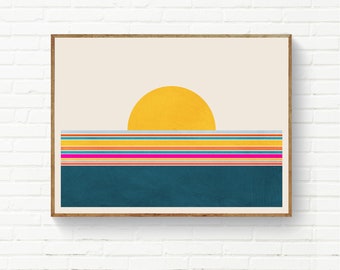 Minimal Modern Seascape Landscape, Horizontal Mid-Century Colorful Sunset Wall Art, Horizontal Wall Art Yellow Sun Blue Sea