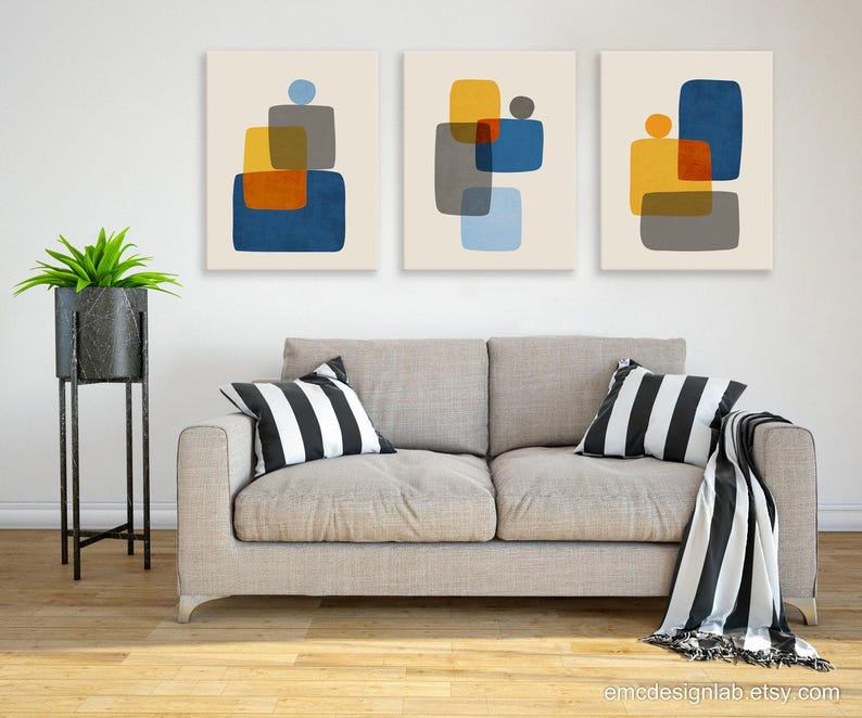 Set of 3 Abstract Modern Wall Art, Indigo Blue Mustard Yellow Gray ...