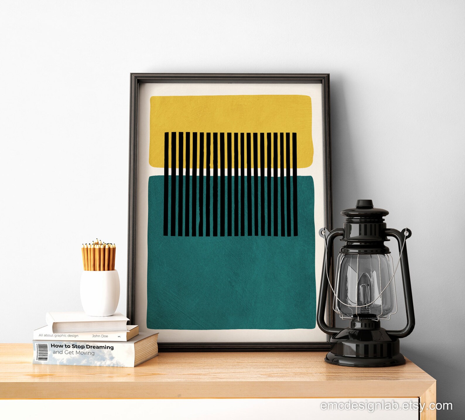 Abstract Teal Yellow Wall Art Mustard Dark Teal Black Lines Etsy