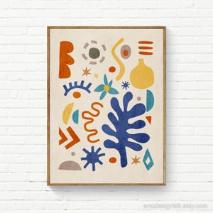 Póster de arte de pared moderno con impresión de Matisse, arte de pared grande inspirado en Matisse, formas modernas bohemias, flores, hojas, ojos, botellas, jarrones, arte original