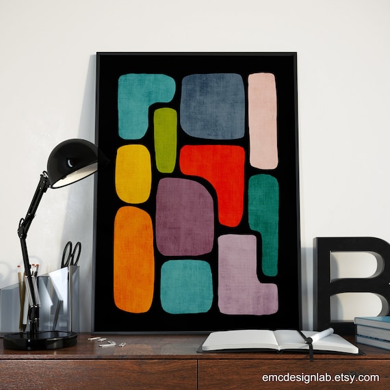Abstract Colorful Bold Wall Art Print / Black Background Bold MCM Modern Wall Art /  Modern Decor Contemporary Prints