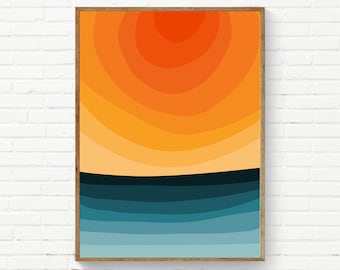 Bright Colors Abstract Minimalist Sunset Landscape, Minimal Vibrant Colors Wall Art, Orange Teal Red Blue Yellow