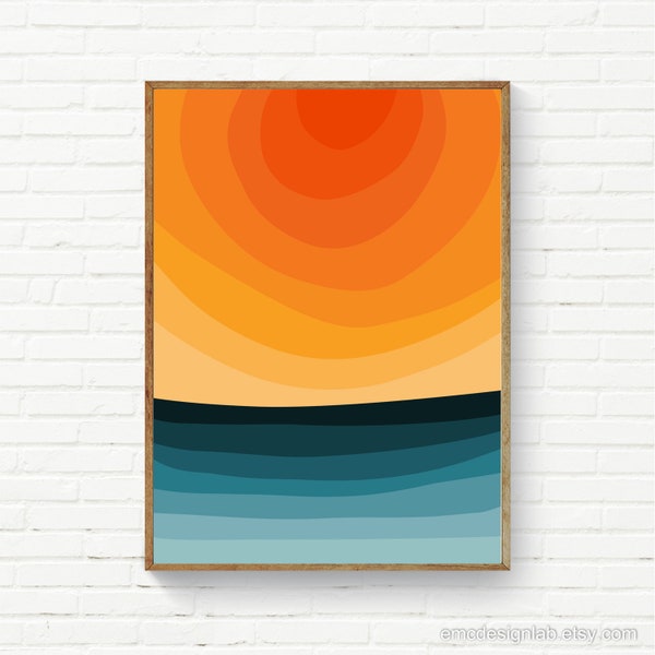 Bright Colors Abstract Minimalist Sunset Landscape, Minimal Vibrant Colors Wall Art, Orange Teal Red Blue Yellow