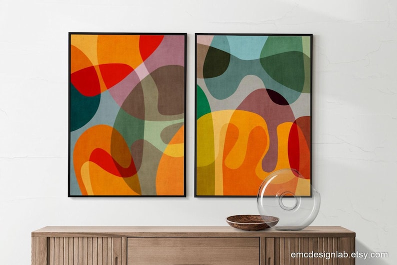 Abstract Colorful Modern Set of 2 Prints, Mid-century Modern Wall Art ...