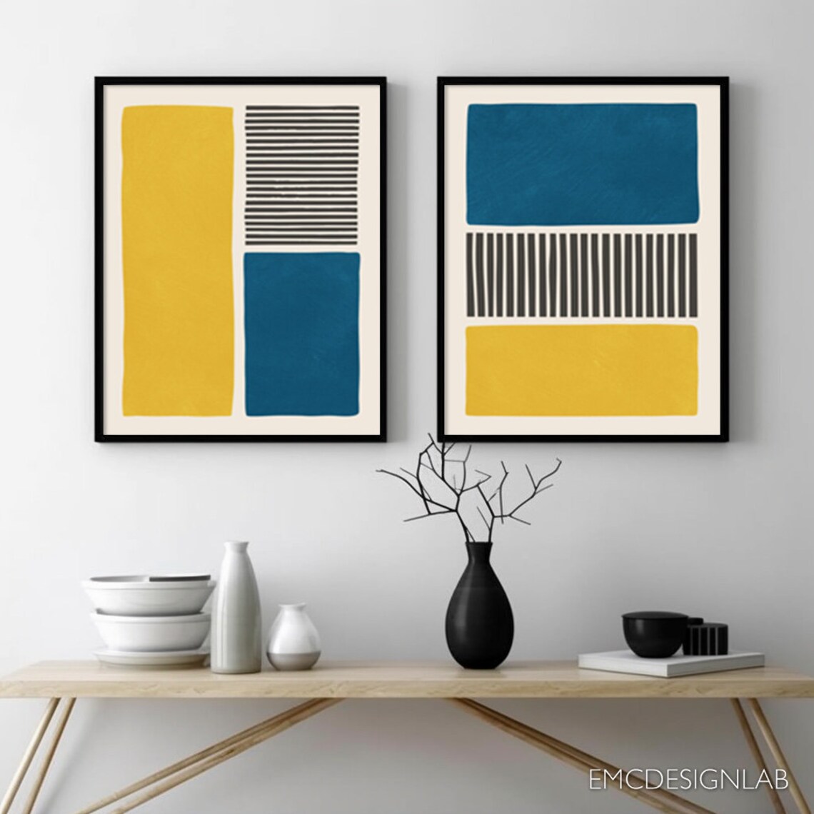 Yellow & Blue Abstract Bold Wall Art Print Set of 2 Prints Black Lines ...